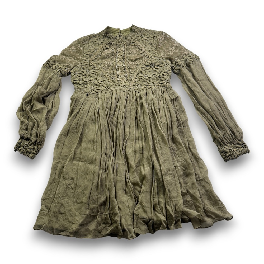 Free People Olive Green Crochet Lace Mini Dress Long Sleeve OB471344 Size 0